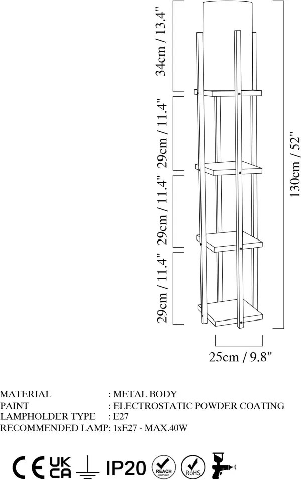 Shelf Lamp 8113 fekete-réz fém és szövet polcos állólámpa