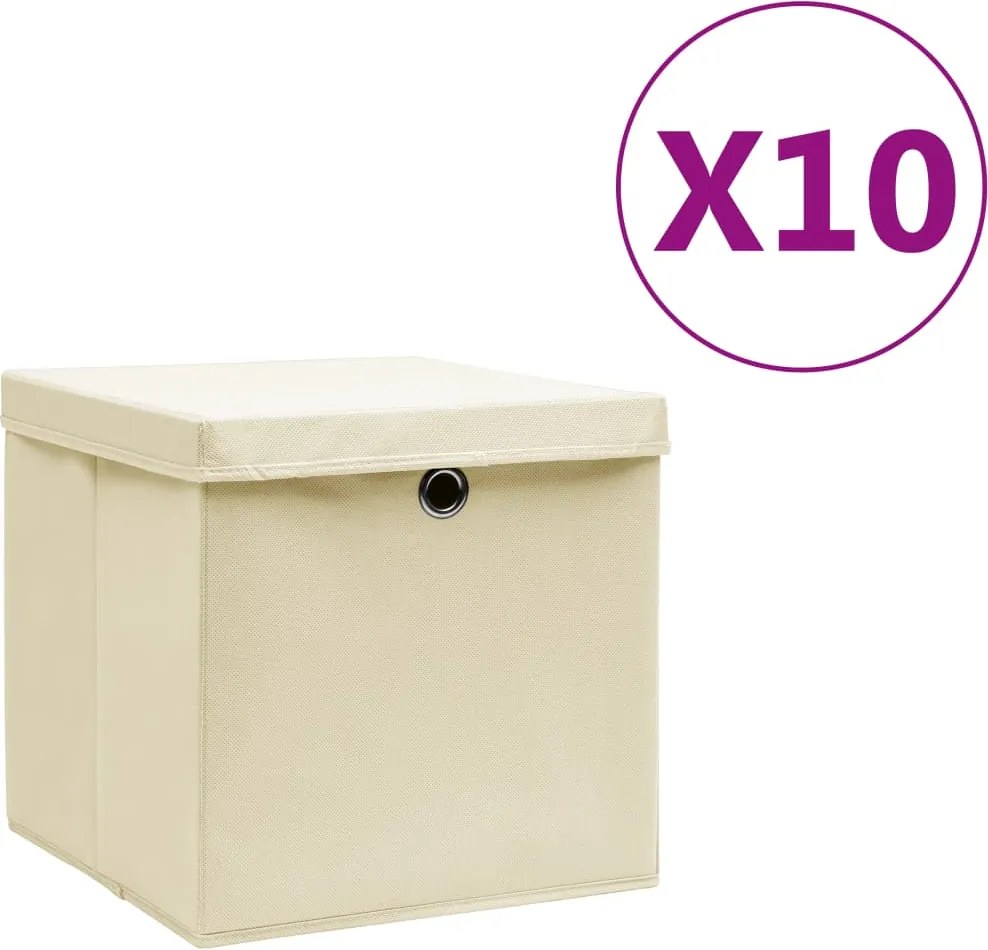 vidaXL 10 db krémszínű fedeles tárolódoboz 28x28x28 cm