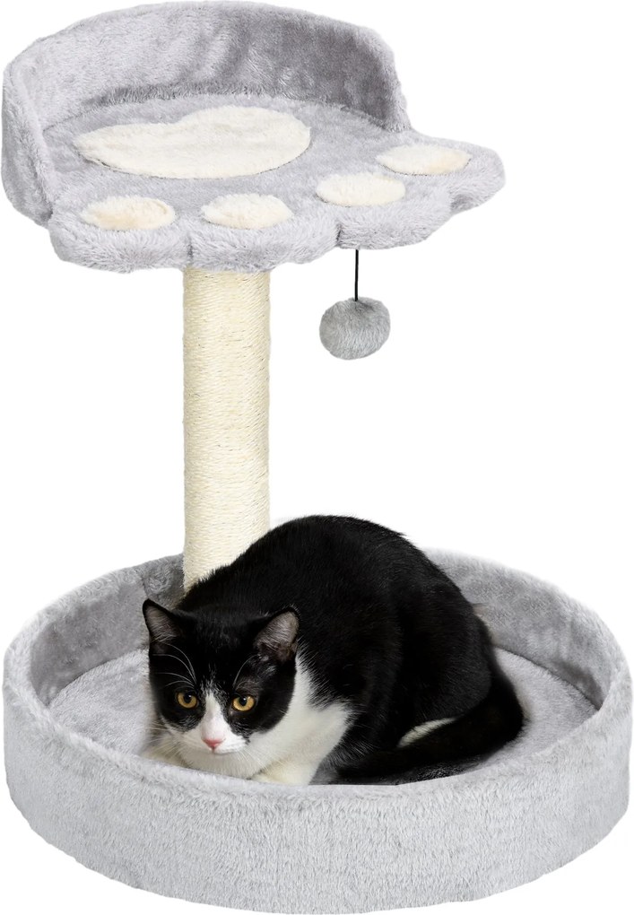PawHut Macska Kaparófa 5 kg-os Macskáknak Ágyakkal és Labdával, Macska Tornaterem Plüss Borítással és Kender Kötéllel, 41x41x44 cm, Világosszürke | Ao