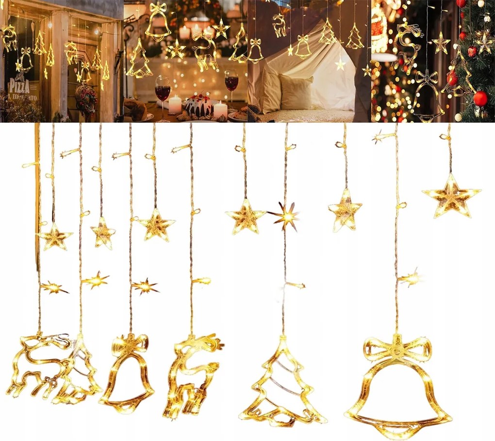 Fényfüggöny Led Karácsonyfa Fényfüzér Csengő Rénszarvas Fehér Meleg