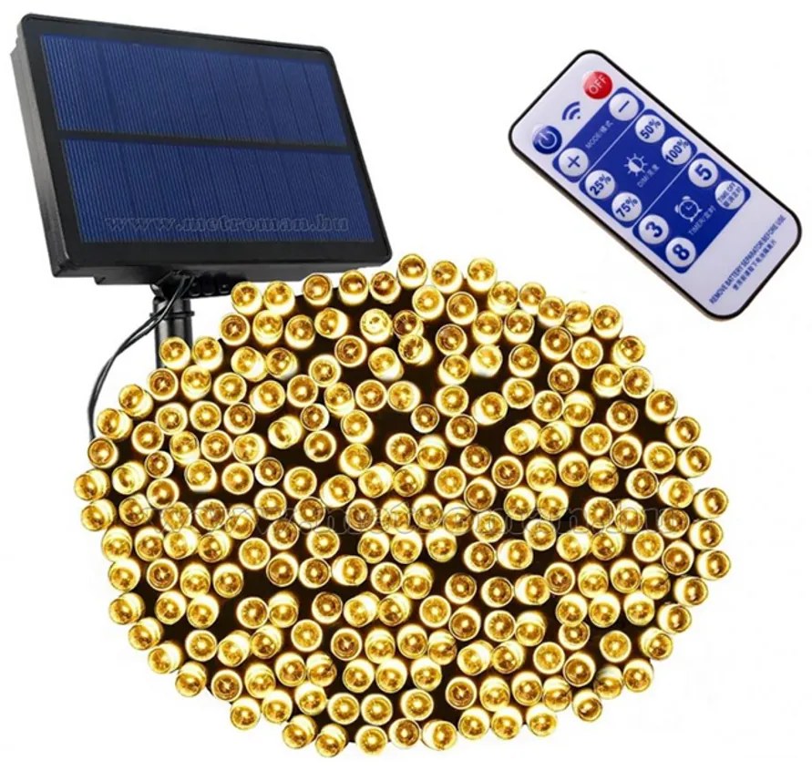 10,8 m-es 240 LED-es fényfüzér, hybrid tölthető-napelemes, meleg fehér, 8 világítási mó, időzíthető, távvezérlős