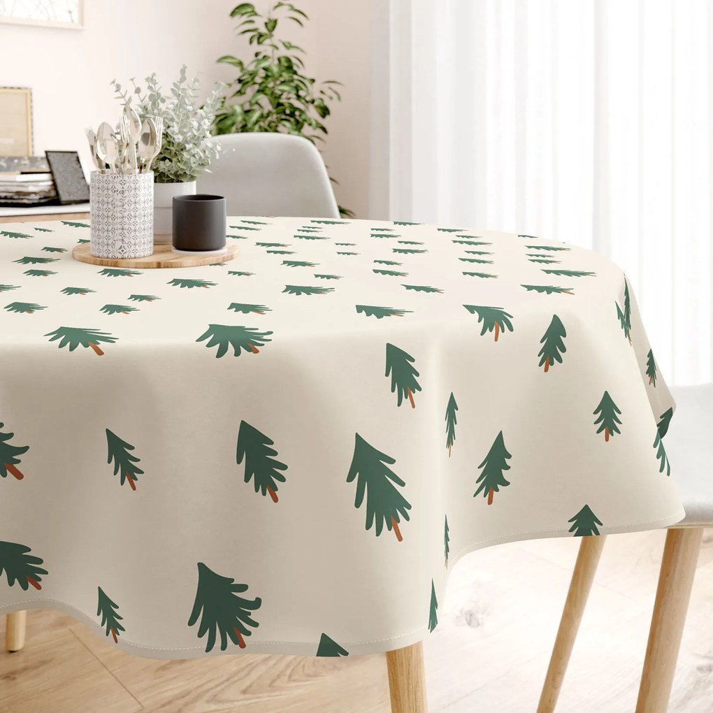 Goldea karácsonyi kör alakú terítő - extra erős 100% - os pamut - karácsonyfák bézs alapon Ø 110 cm