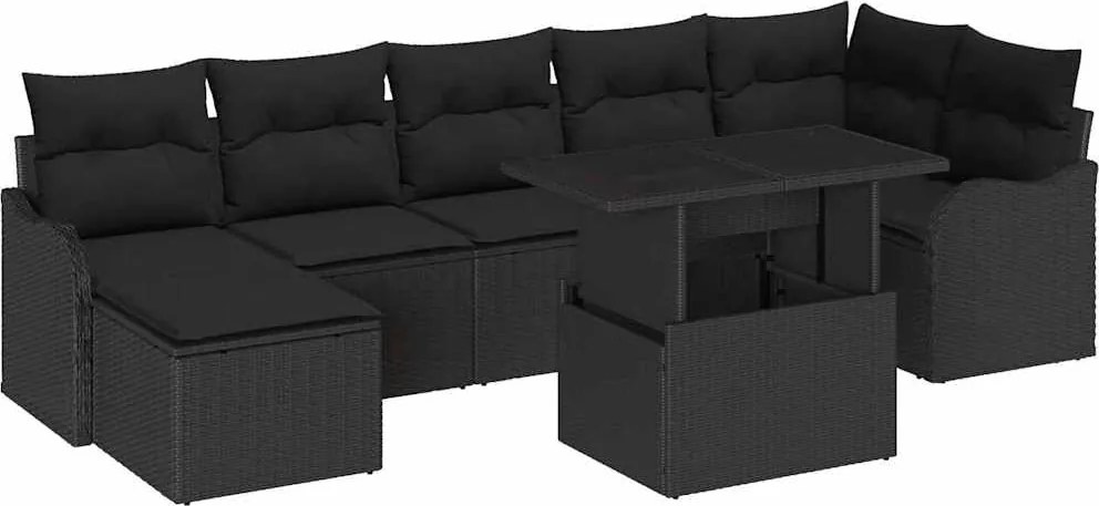 vidaXL Kerti Kanapé Szett párnával 8 pcs Fekete Poli rattan