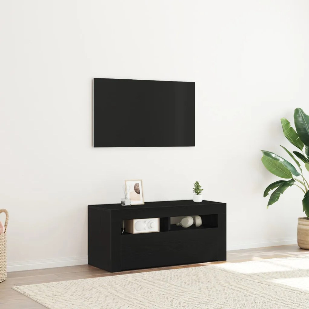 LED-es fekete tölgy TV szekrény 90x35x40 cm szerelt fából