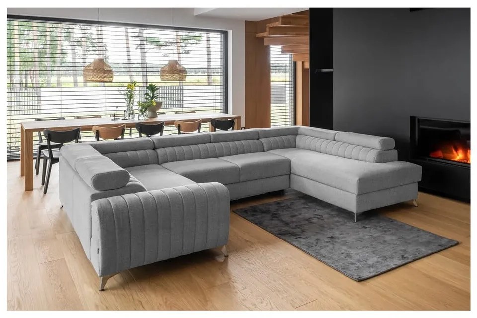 Világosszürke kinyitható-tárolóhelyes sarokkanapé (jobb oldali-U alakú) Louis – ELTAP