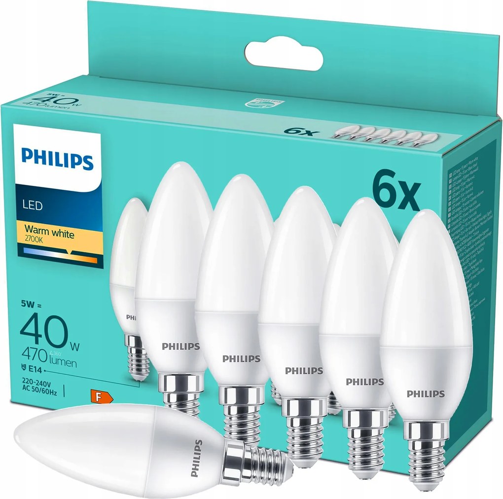 Led izzó Philips E14 Gyertya 4.9W 40W 2700K Prémium Meleg Szín 6 db