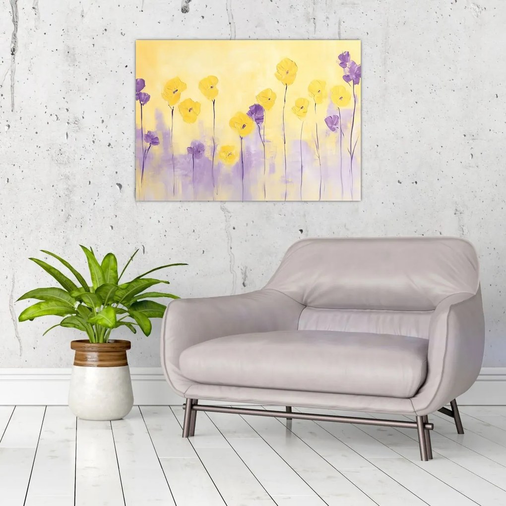 Üveg kép - Lila és sárga virágok (70x50 cm)