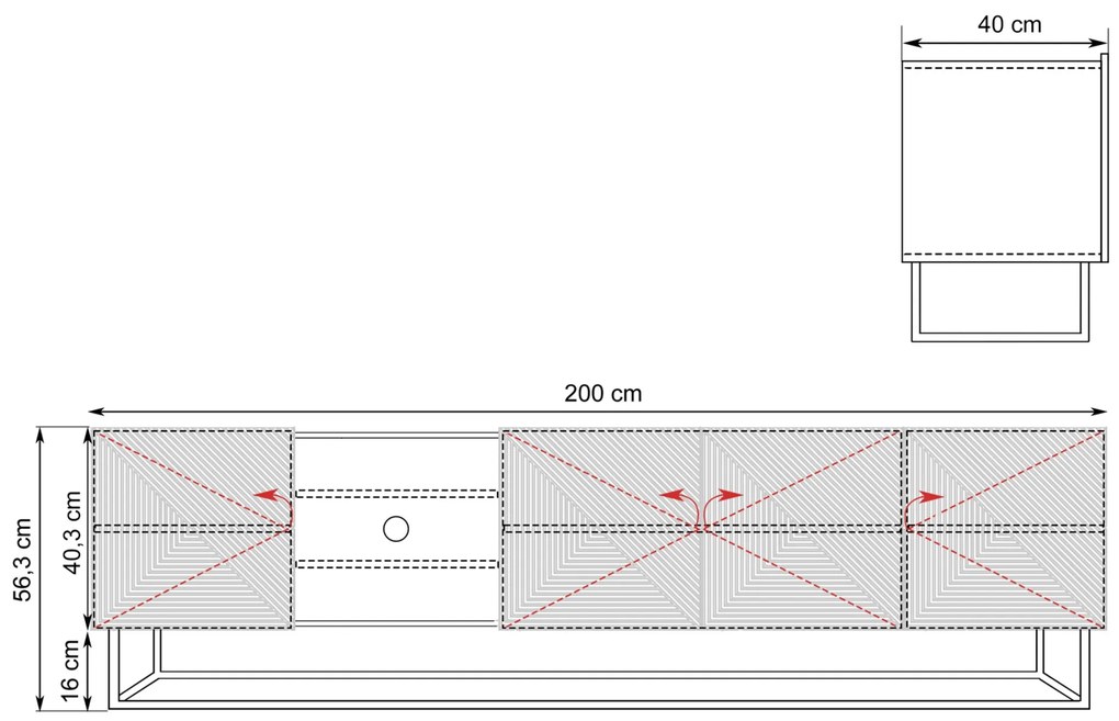 Asha RTV szekrény 200 cm - kasmír / fém vázas, bordázott kialakítás / nyitott polc