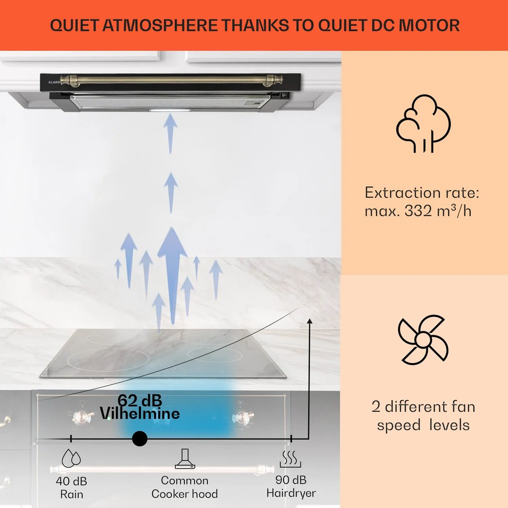 Klarstein Vilhelmine 60 Retro, laposképernyős páraelszívó, B energiahatékonysági osztály, fúvott levegő áramlás: 332 m³/ó bővítési lehetőséggel