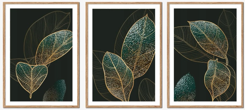 Triptyk 3 Db-os Képkeret szett zöld arany levelek fekete P2483_53x43