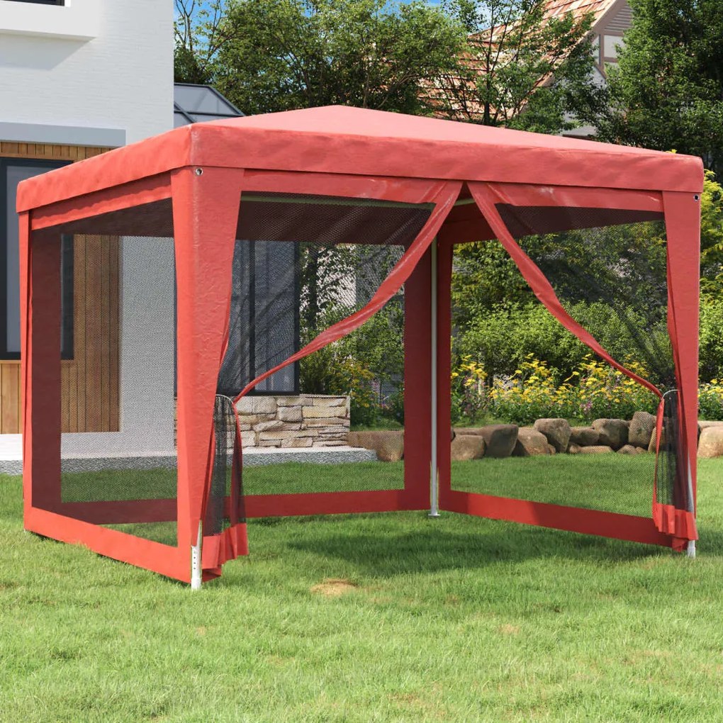 piros HDPE rendezvénysátor 4 hálós oldalfallal 3x3 m