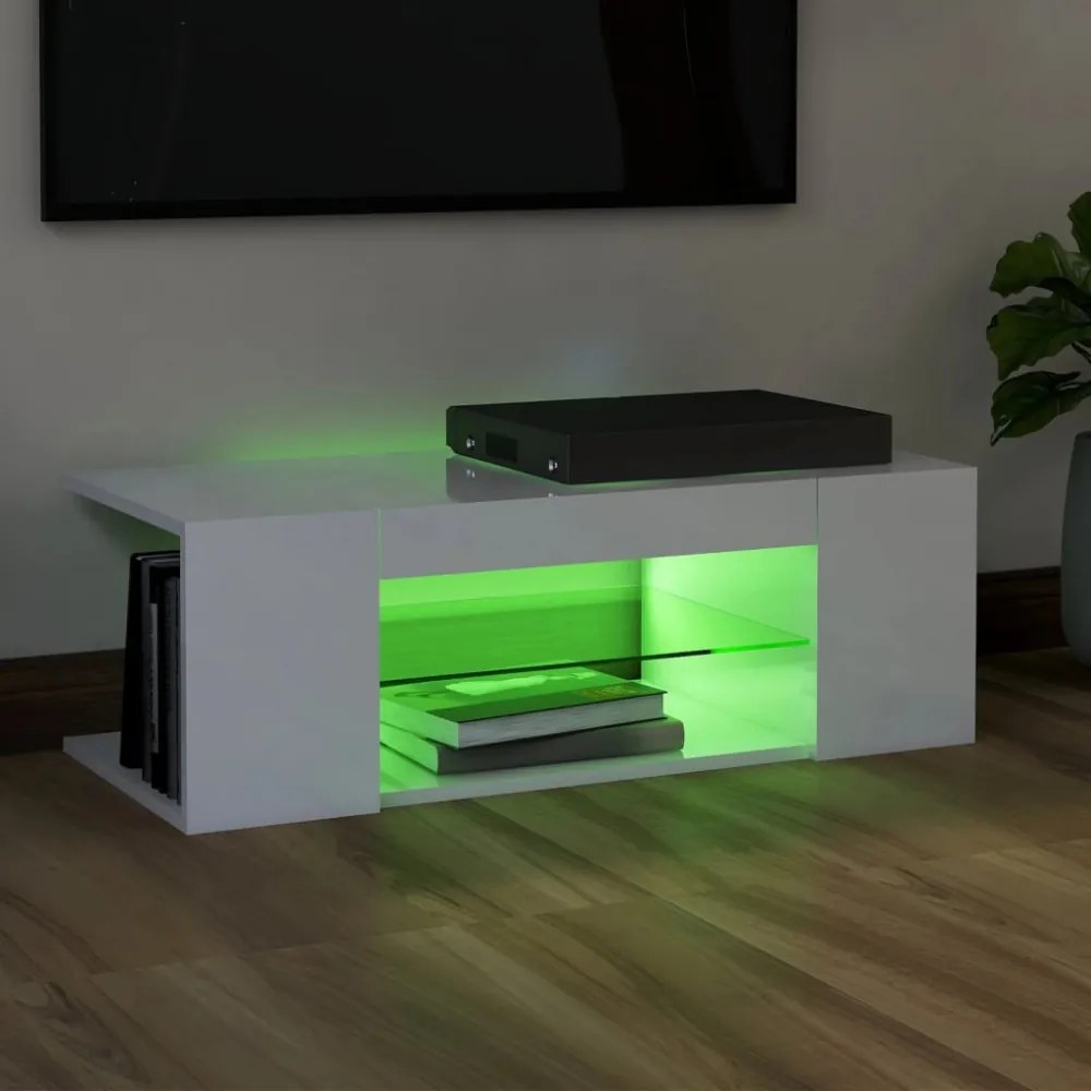 magasfényű fehér TV-szekrény LED lámpákkal 90 x 39 x 30 cm
