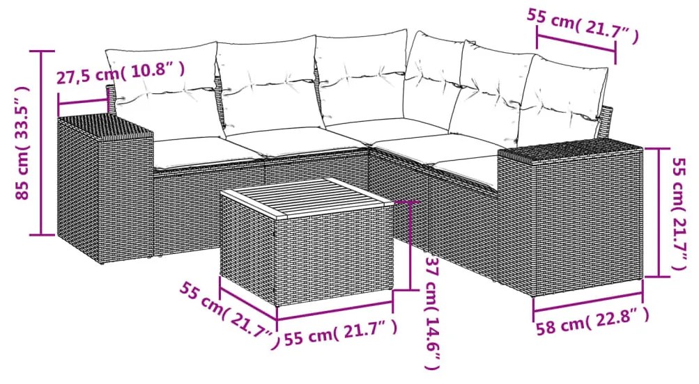 6 részes fekete polyrattan kerti ülőgarnitúra párnákkal