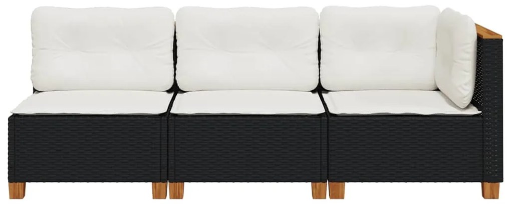 Fekete 3 személyes polyrattan kerti kanapé párnákkal
