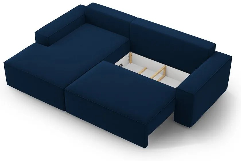 Sötétkék bársony kinyitható-tárolóhelyes sarokkanapé (bal oldali-heverő résszel) Jodie – Micadoni