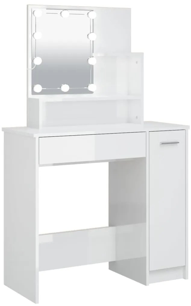 Magasfényű fehér fésülködőasztal LED-del 86,5 x 35 x 136 cm
