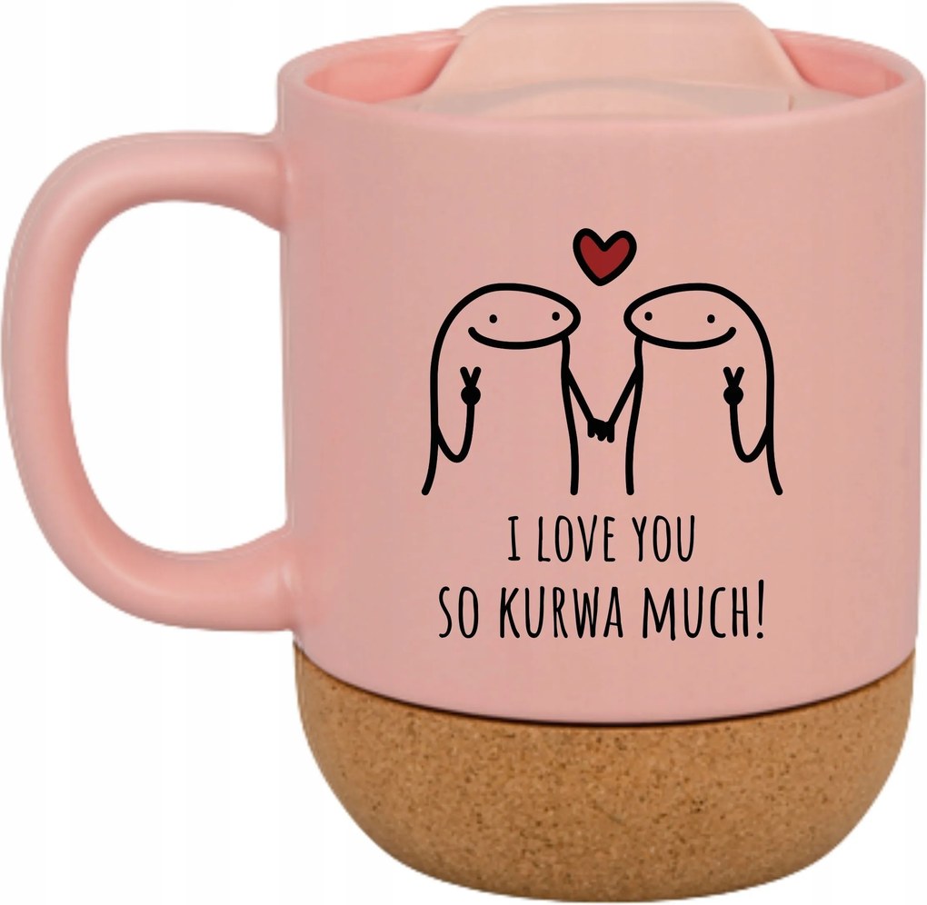 Rózsaszín Bögre Fedéllel És Parafa Aljjal Ajándék I Love You