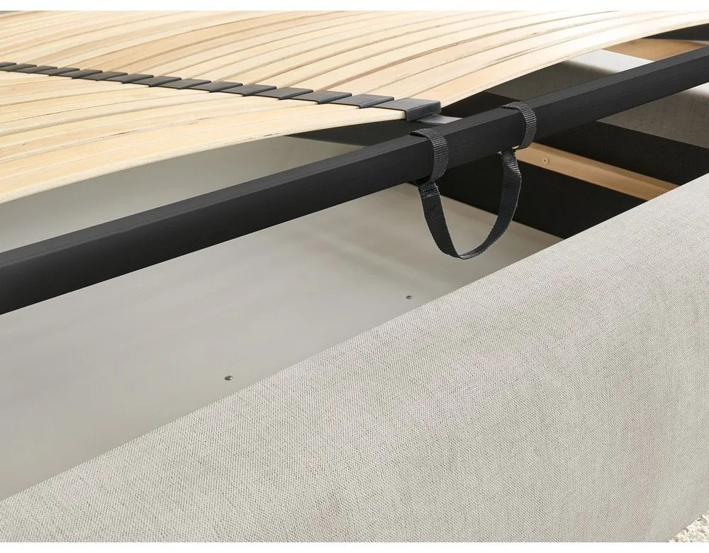 Bézs kárpitozott franciaágy tárolóhellyel, ágyráccsal 180x200 cm Jagna – Bobochic Paris