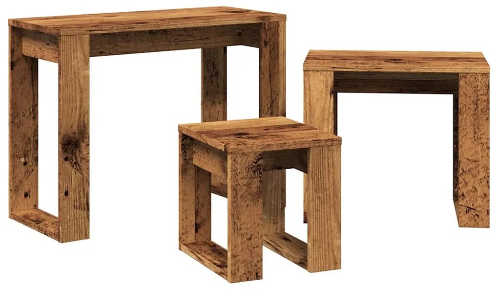 3 db antik fa színű szerelt fa egymásba tolható asztal