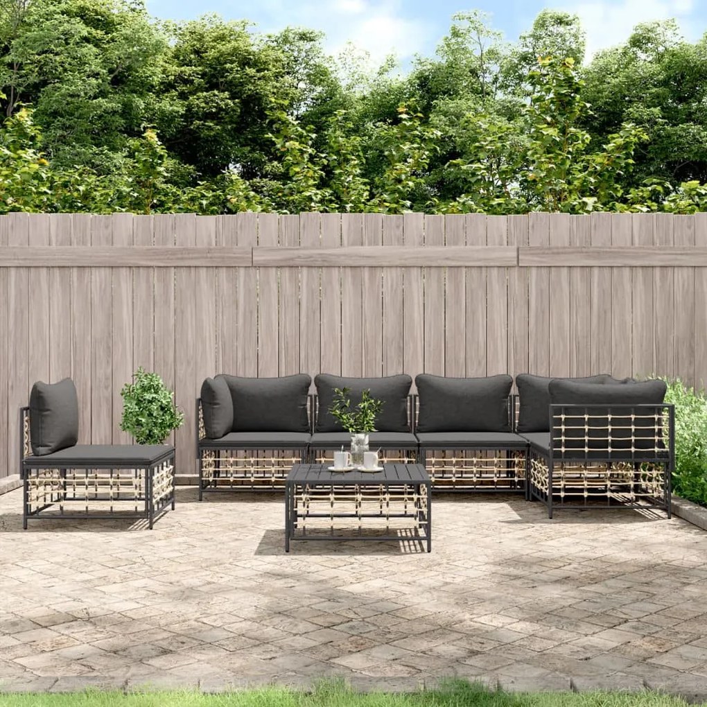 7 részes antracitszürke polyrattan kerti ülőgarnitúra párnákkal