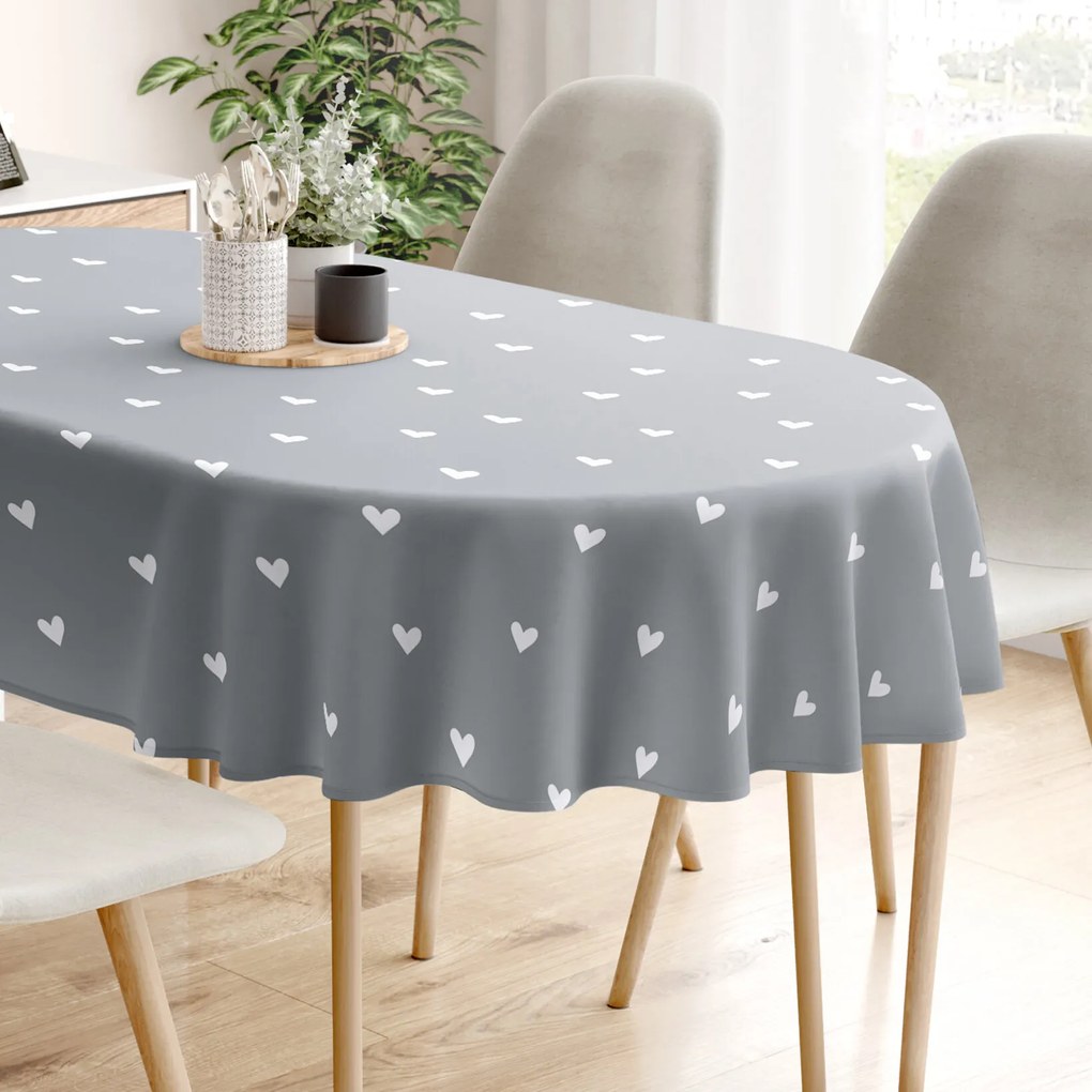 Goldea ovális pamut terítő - szívecskék, szürke alapon 140 x 240 cm