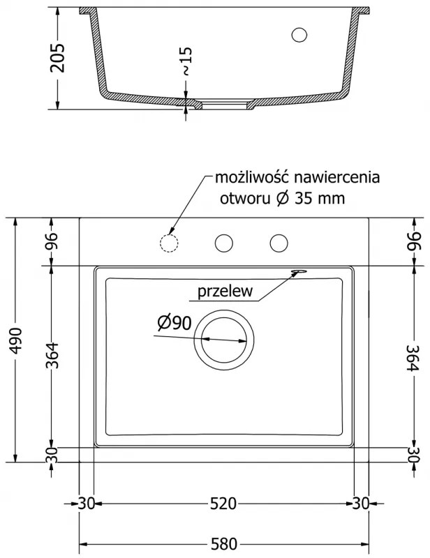 Mexen Oscar, 1 kamrás gránit mosogató 580x490x205 mm, fekete, 6519581000-77-G