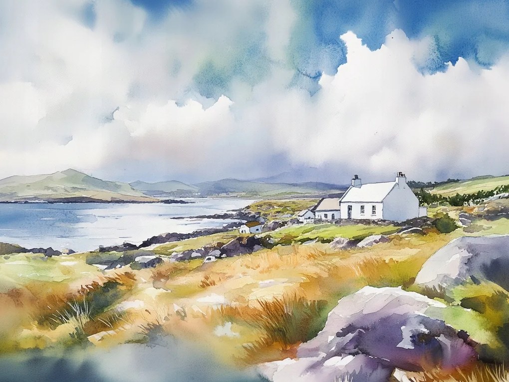 Vászonkép Canvas Akvarell Tengerpart Házikó Tenger Írország 80x60