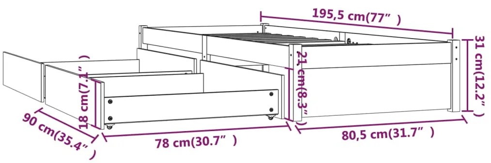 fehér kicsi egyszemélyes ágykeret fiókokkal 75 x 190 cm