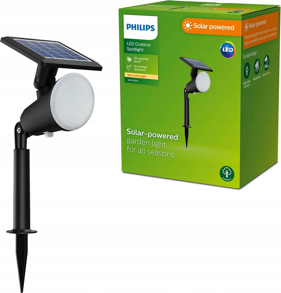 Kerti Lámpa Napelemes Beszúrható Led Reflektor 1.4W 150lm Fekete Philips