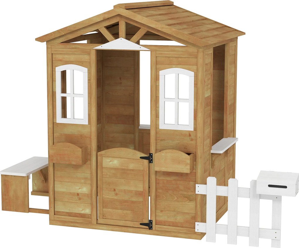 Outsunny Tömörfa Gyermek Játszóház, Kerti Játszóház Ablakokkal, Kerítéssel, Virágládával és Padokkal, 205x119x140 cm, Természetes Fa és Fehér | Aosom