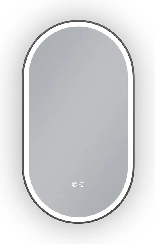 Erga Gwen, ovális LED tükör 50x90cm fekete fém keretben, 3 világos szín, elülső világítás, páramentes fűtőpárna, ERG-V01-GWEN-5090-BK