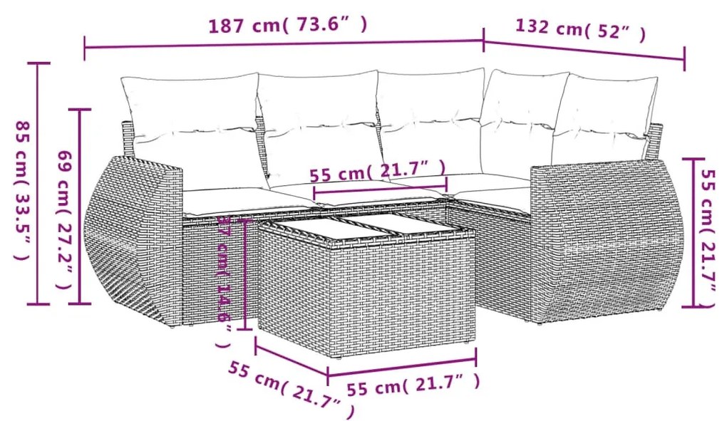 5 részes fekete polyrattan kerti kanapészett párnákkal