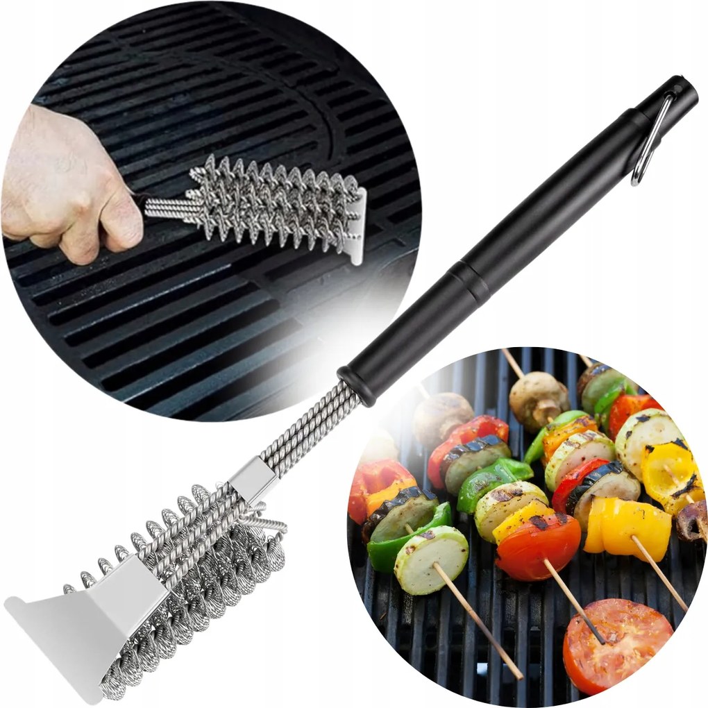 Grill Tisztító Kefe Kaparóval Rostélyhoz 3az1ben Rozsdamentes Acél Nyél