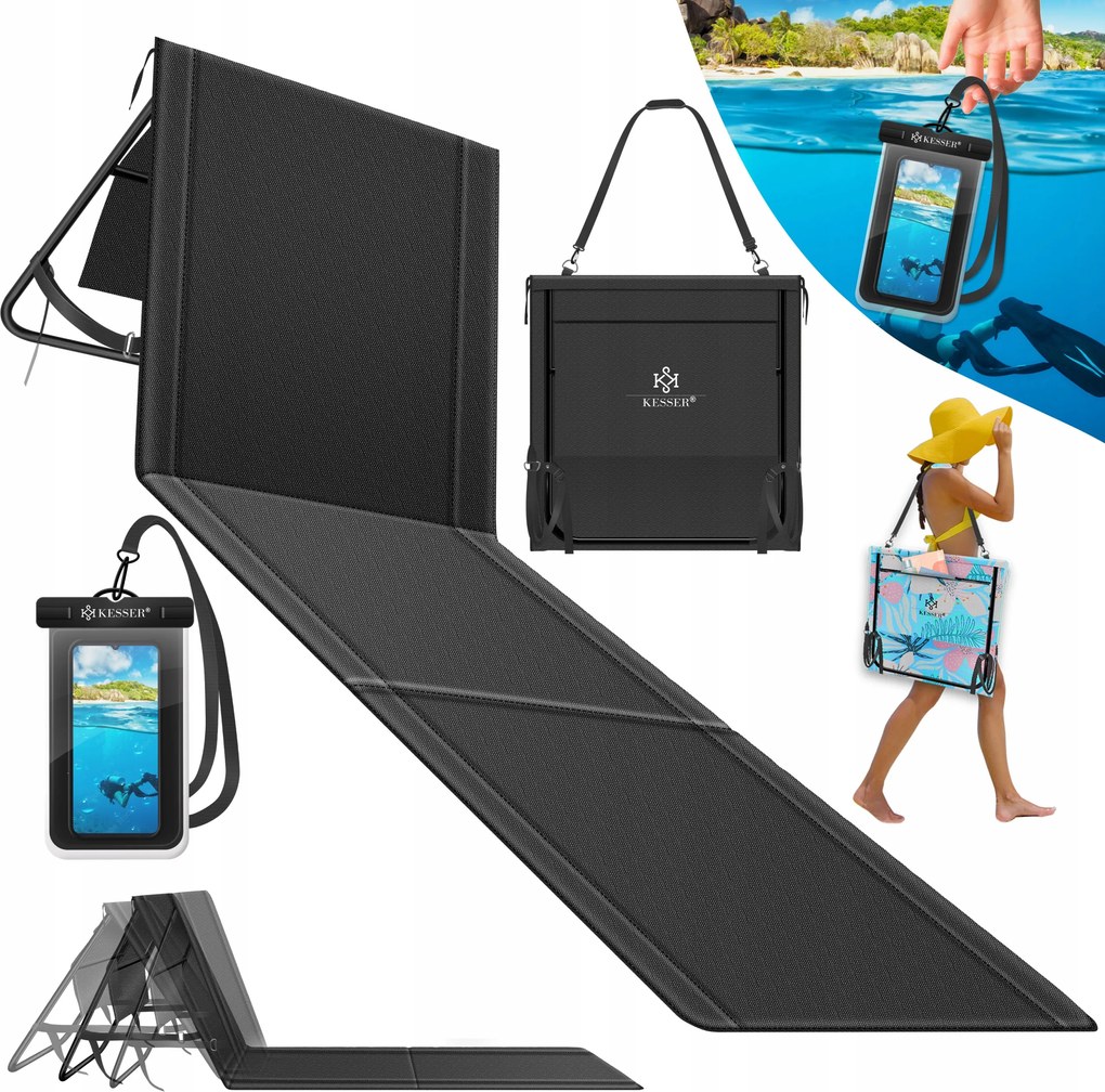 Hordozható napozóágy összecsukható telefontartó tokkal szürke Kesser (1603)