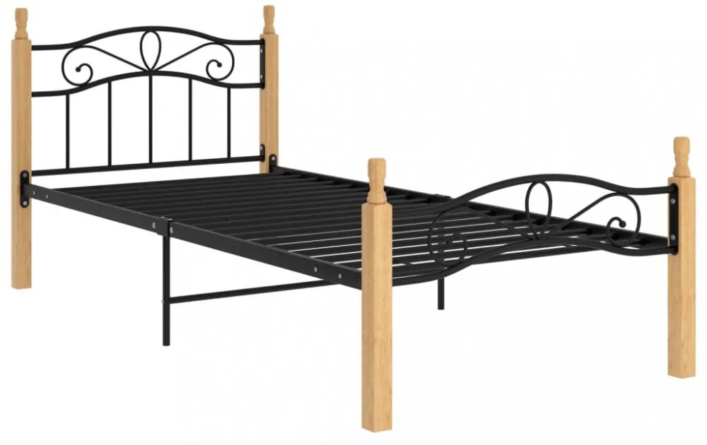 fekete fém és tömör tölgyfa ágykeret 100 x 200 cm