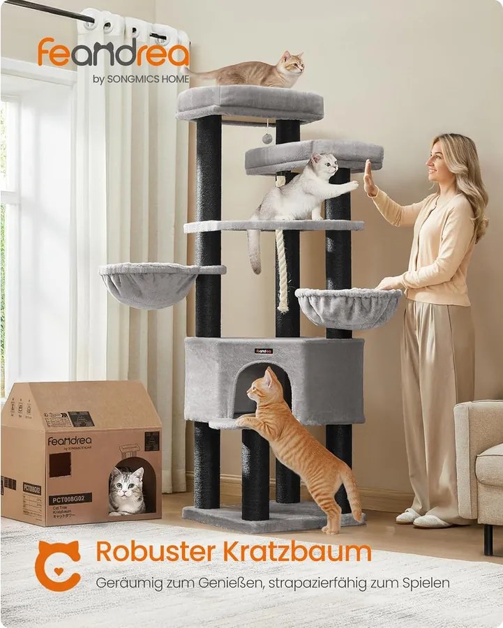 Nagy, Többszintes Macskabútor XXL 55 x 55 x 186,7 cm, szürke, fekete