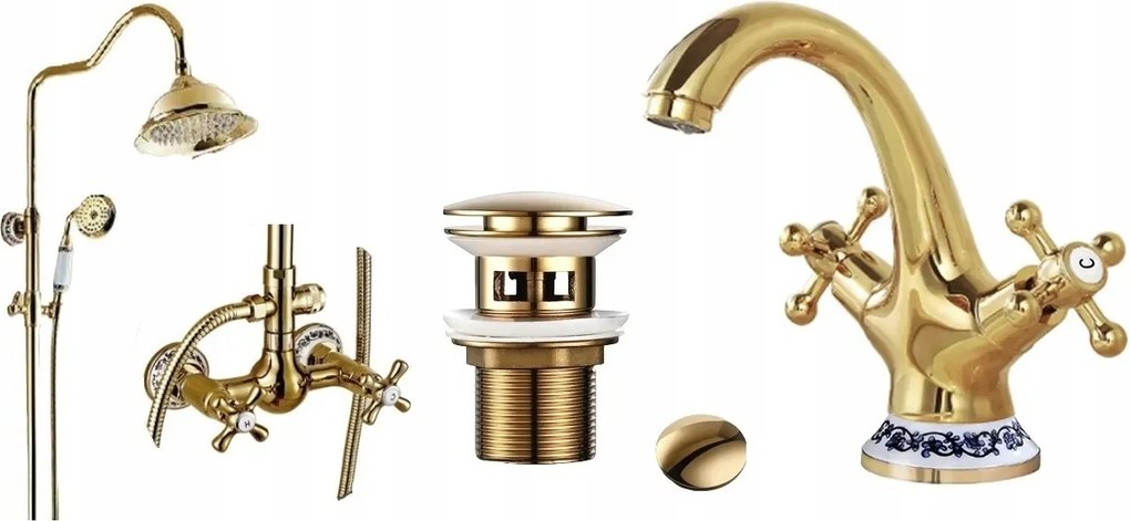 Fürdőszobai csaptelep arany zuhany Retro Mintás Kerámia Szett