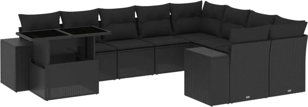 vidaXL 10 részes fekete polyrattan kerti ülőgarnitúra párnákkal
