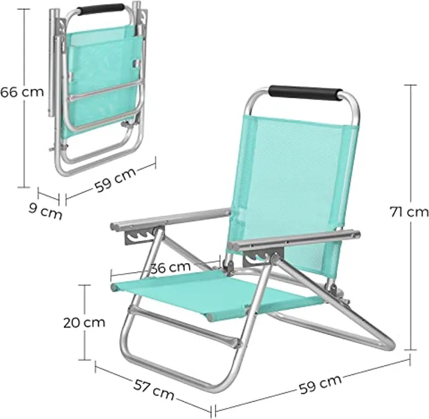 Hordozható strandszék 4 pozícióban dönthető háttámlával, összecsukható, légáteresztő és kényelmes szövet, zöld
