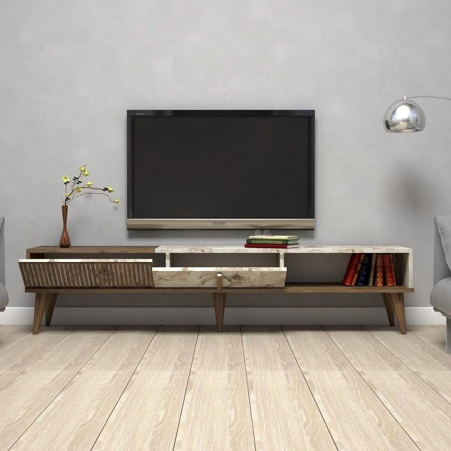 TV szekrény Milan - Diós, Fehér Marble