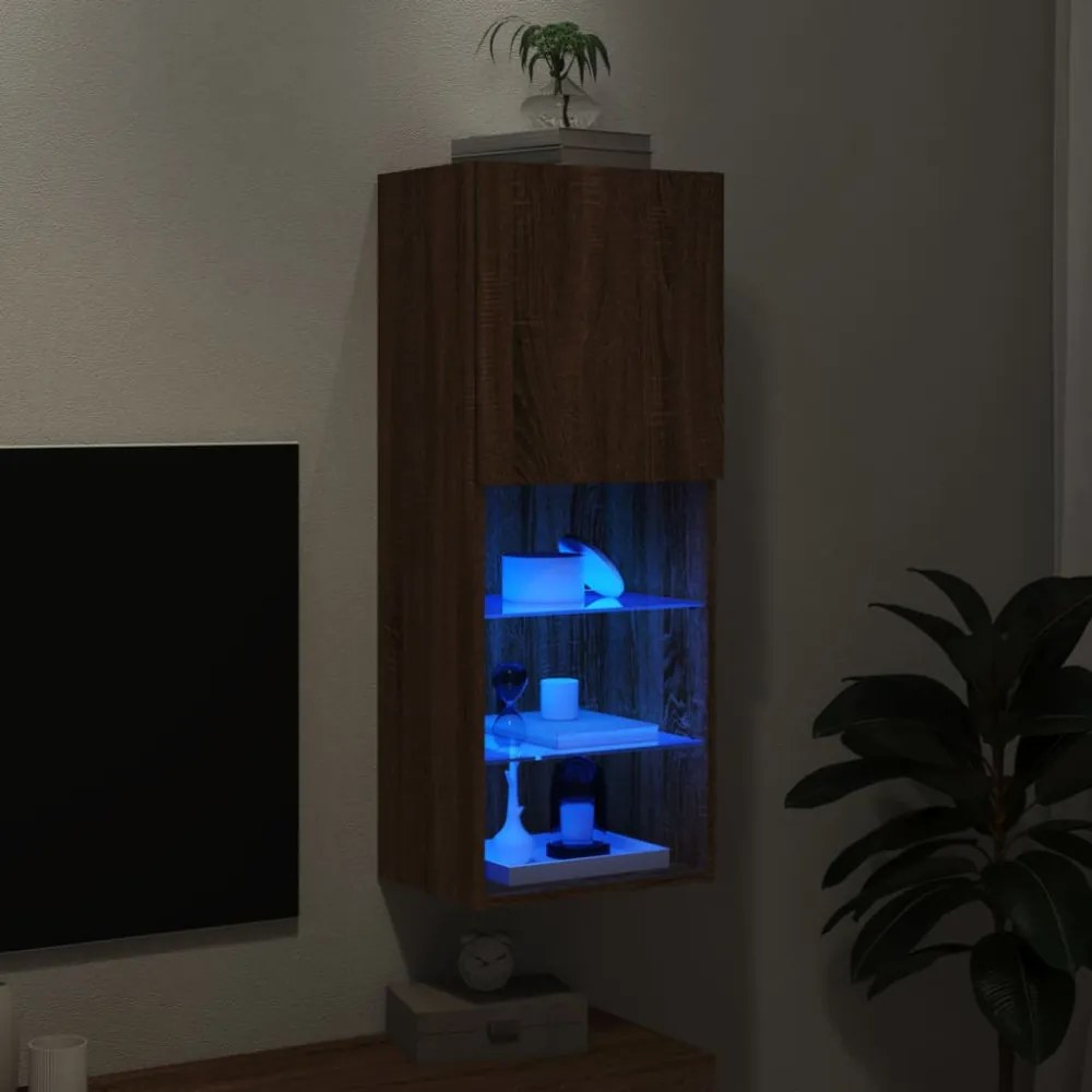 barna tölgyszínű TV-szekrény LED lámpákkal 40,5 x 30 x 102 cm