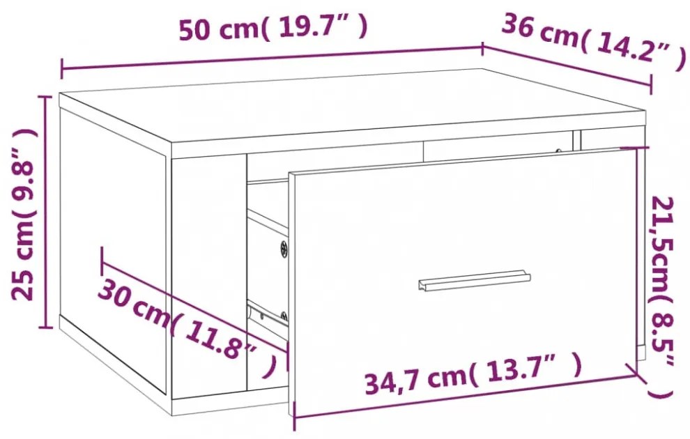 magasfényű fehér falra szerelhető éjjeliszekrény 50x36x25 cm