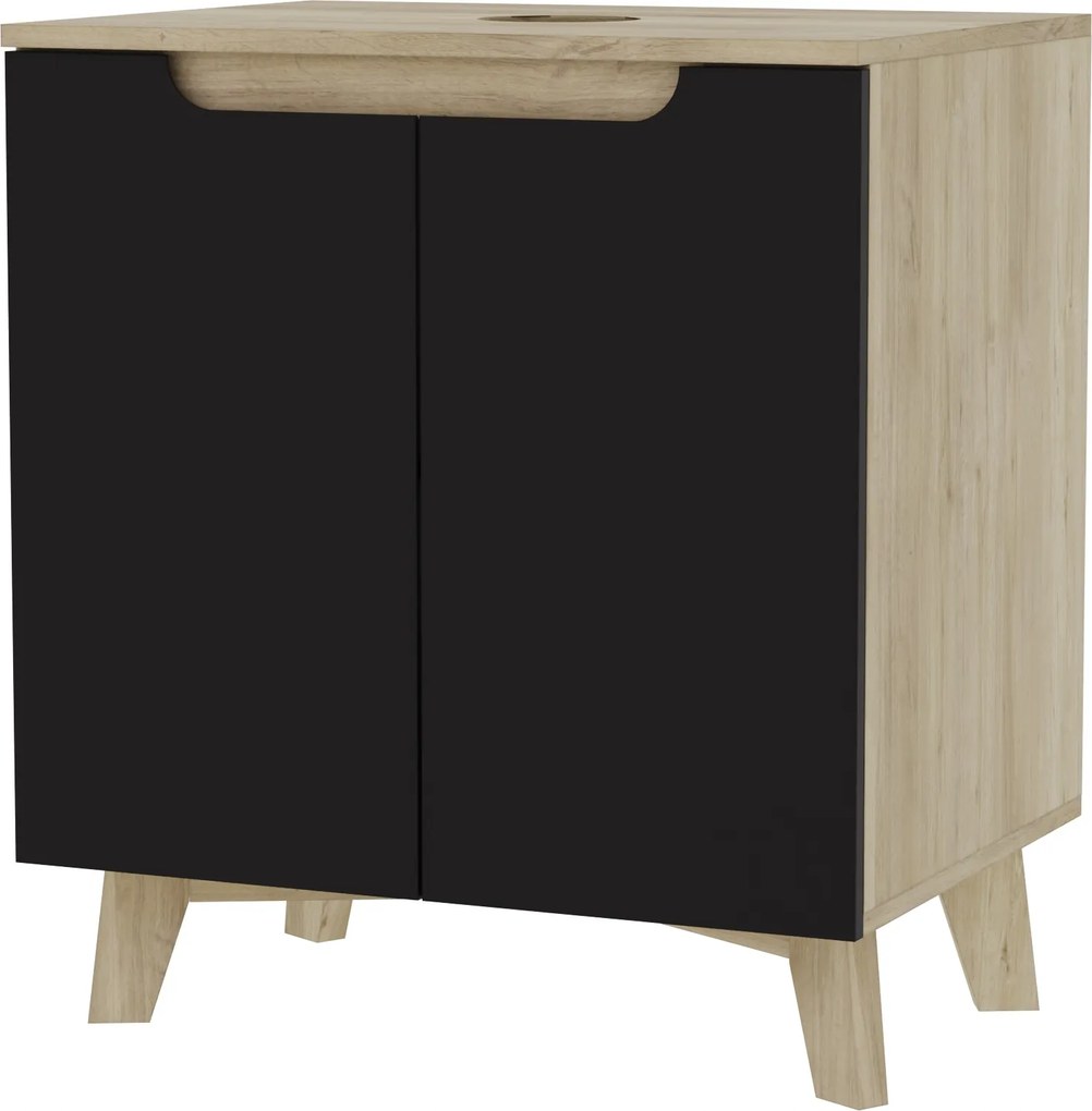 Mosdó alatti szekrény kétajtós fekete 60x45 napelemes tölgy akasztós, álló