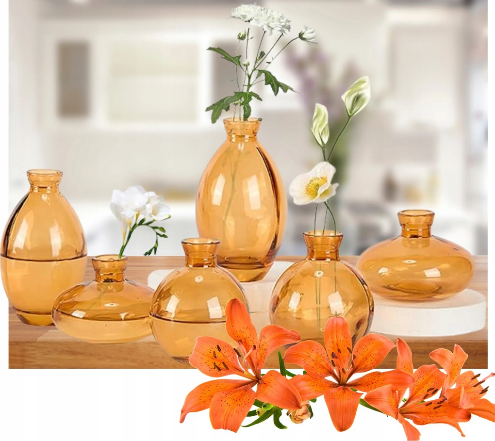 Virágos üveg váza Dekoráció szett Borostyán üveg kancsók 6 db-os