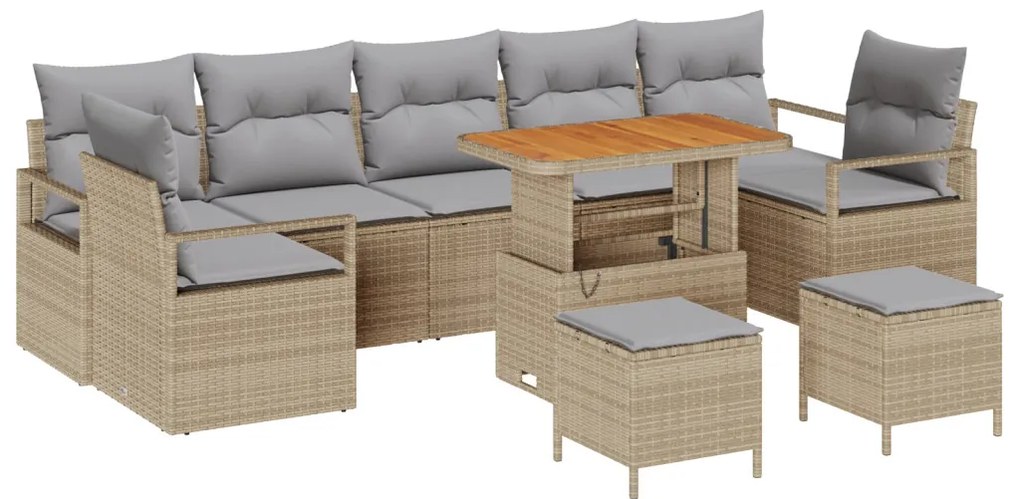 10 Részes Kerti Sofa Szett Párnákkal Bézs Poli Rattan Akác