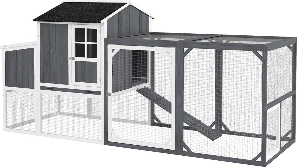 PawHut Tyúkól, 236.5 x 91 x 114 cm, Tyúkháló tokkal, Kültéri Tyúkól, Fából készült Tyúkossz, 2 Ülőfával, Vízálló Festékkel, 3-4 Tyúk részére, Szürke |