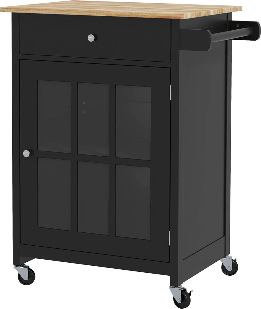 HOMCOM Konyhai Kocsi Fiókkal, Állítható Polccal, 4 Kerekével és Oldalsó Törölközőtartóval, Gumifa Felsőrésszel, Nappaliba és Konyhába, 67x48x86.5 cm,