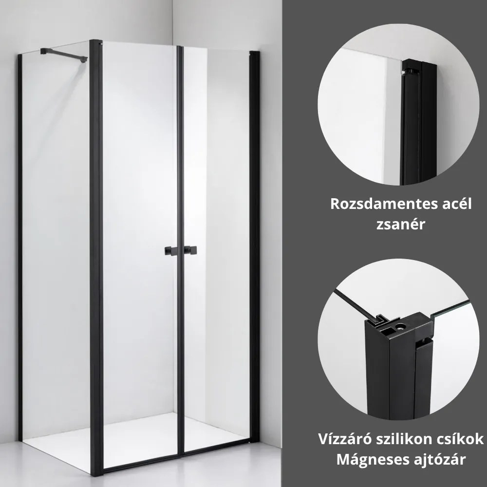 Stuxi Roma Black 70x90 aszimmetrikus kétszárnyú nyílóajtós zuhanykabin 6 mm vízlepergető biztonsági üveggel, matt fekete