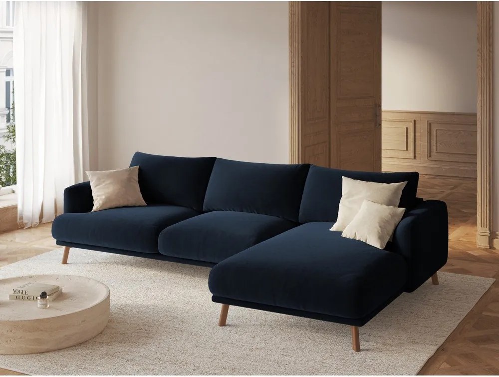 Sötétkék bársony sarokkanapé (jobb oldali-heverő résszel) Naomi – Micadoni