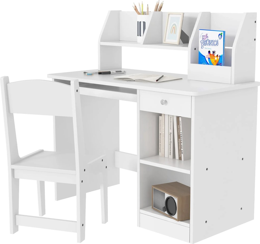 ZONEKIZ Gyerek íróasztal és szék szett 5 éves kortól gyermekeknek - 2 fiókos íróasztal és tároló a hálószobába vagy tanulószobába, fehér | Aosom